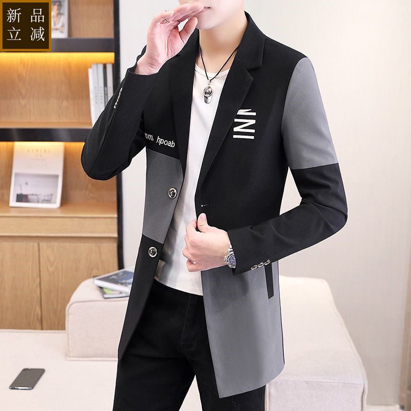 品质男士中长款印花风衣外套春秋季韩版修身小西装时尚青年中长款