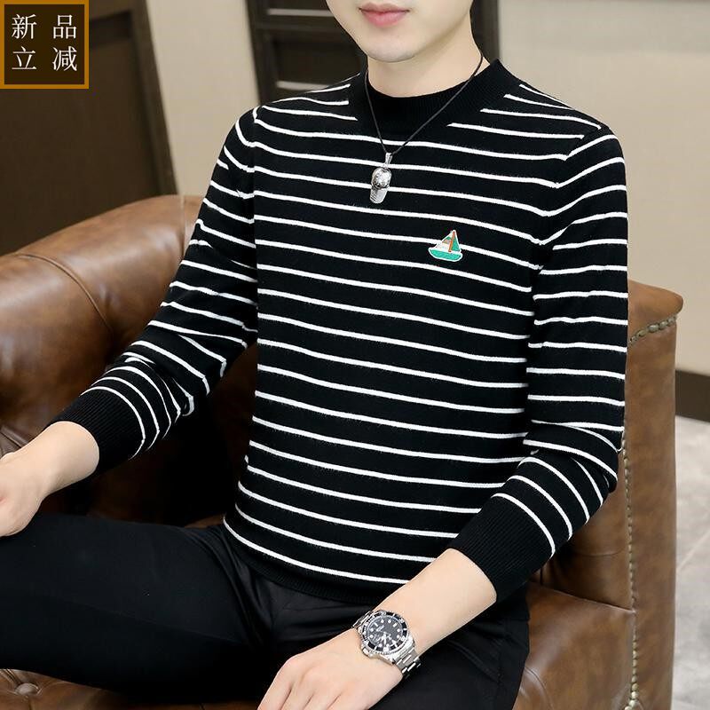 品质黑白条纹毛衣男圆领内搭打底衫秋冬季潮牌宽松套头长袖针织毛
