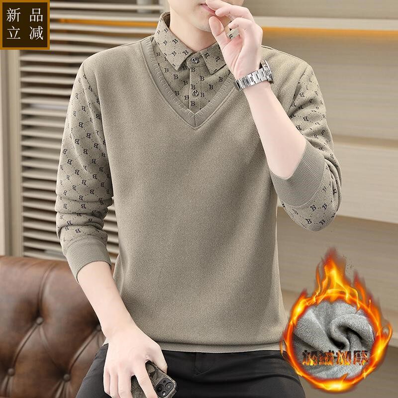品质衬衫领毛衣男士秋冬款休闲加绒加厚假两件打底针织衫一体绒线