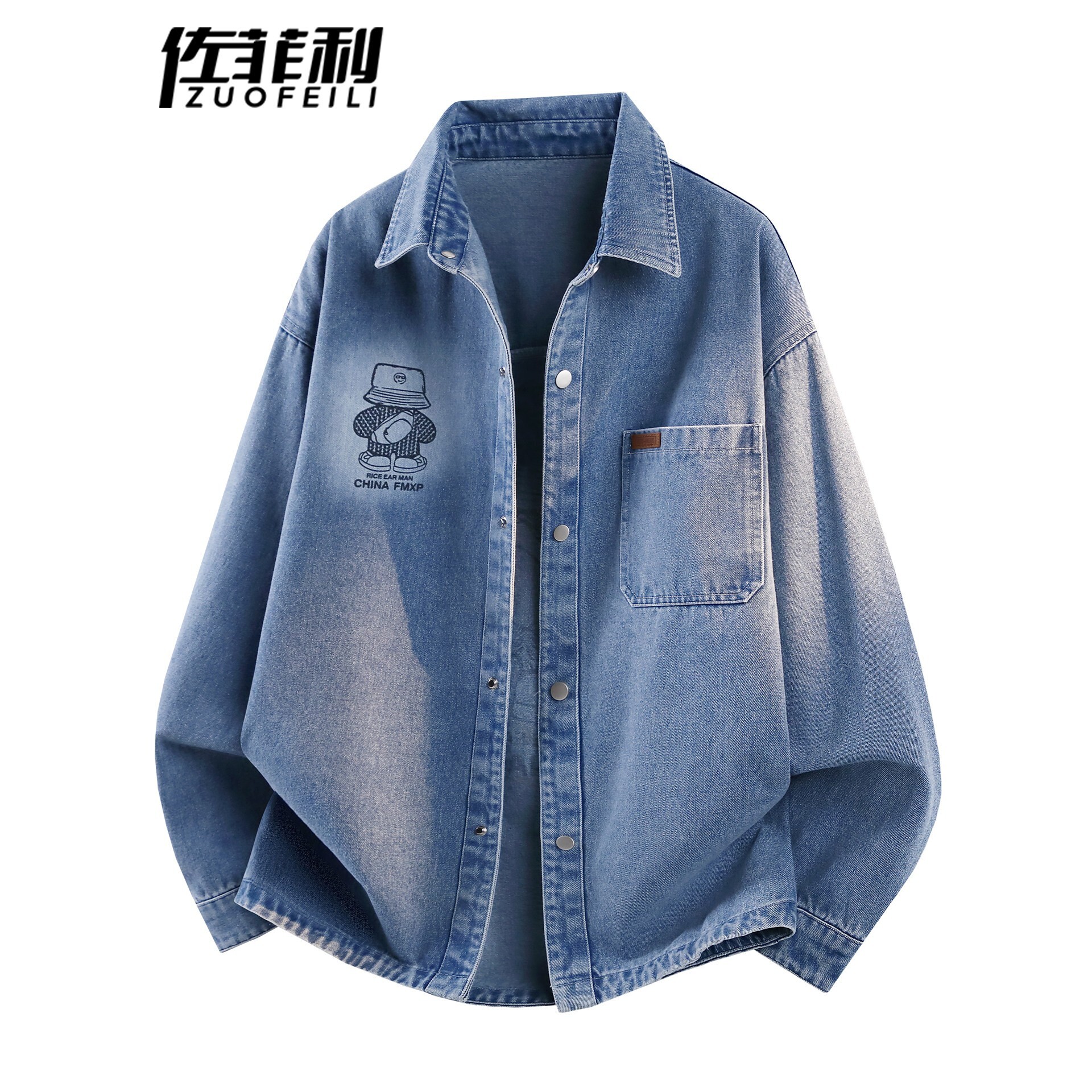 卡通牛仔外套男春秋季2026新款翻领春装褂子美式风宽松衬衫式夹克
