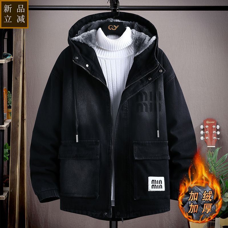 品质冬季加绒加厚牛仔派克服青少年宽松连帽棉衣保暖夹克潮流韩版