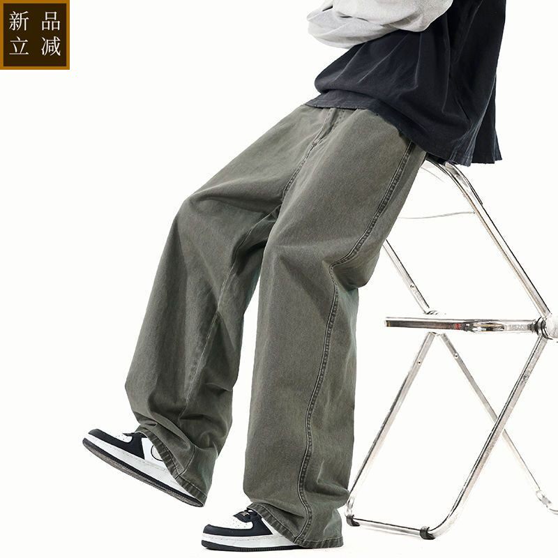 品质纯棉裤子男士2025新款春秋季宽松休闲裤男潮牌军绿色直筒工装