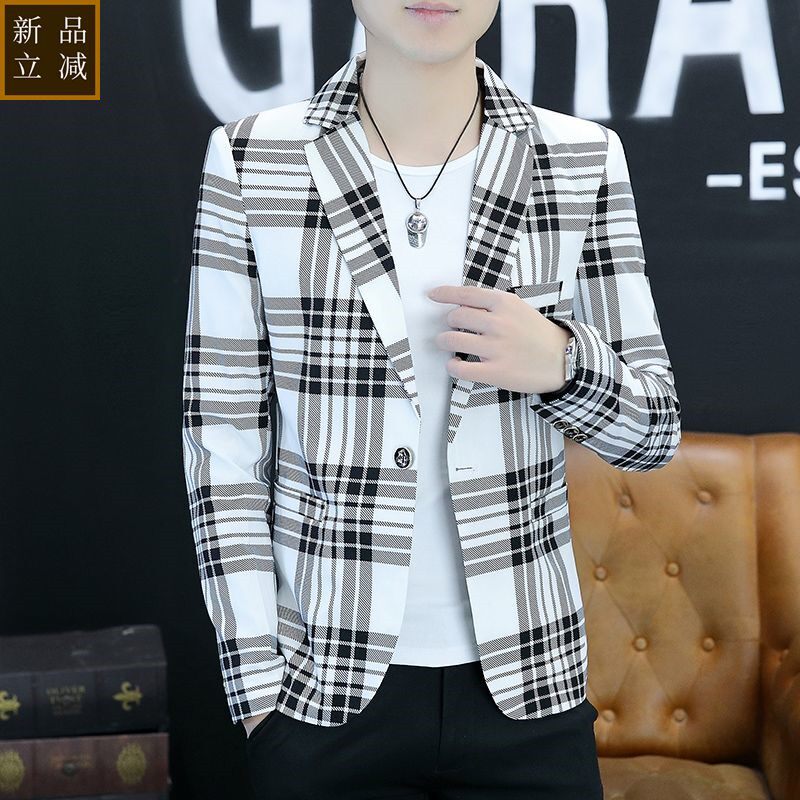 品质西装男韩版潮流修身春秋季新款单西服男装格子小西服休闲男士