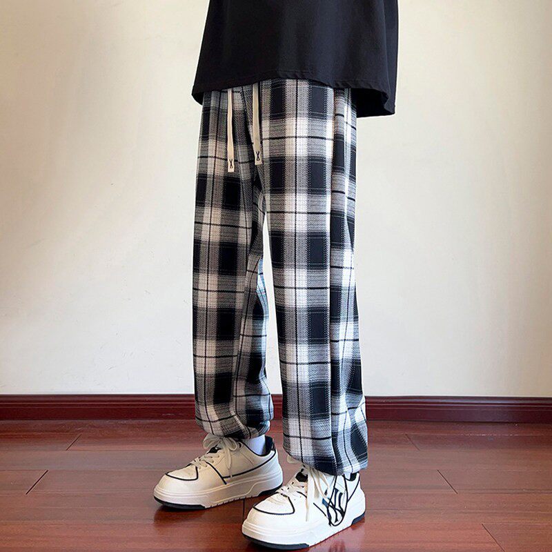 花格子裤子男款春夏季潮牌宽松港风束脚运动裤青少年凉感休闲长裤