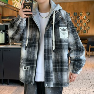 假两件外套男春秋冬季2026新款连帽格子春装青少年休闲风美式夹克