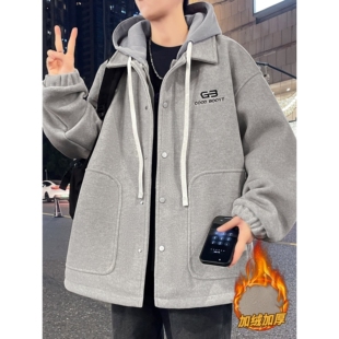 毛呢大衣 宽松休闲短款 假两件连帽外套男秋冬季 加绒保暖夹克男冬装