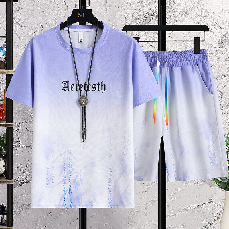 渐变色冰丝短袖短裤套装男夏季薄款青少年休闲运动一整套衣服搭配