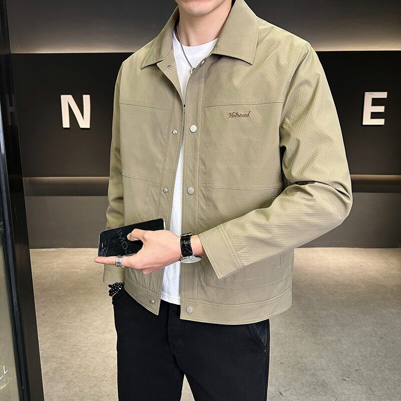 春秋季翻领夹克男士2026新款正肩款修身格纹抗皱行政外套薄款男装
