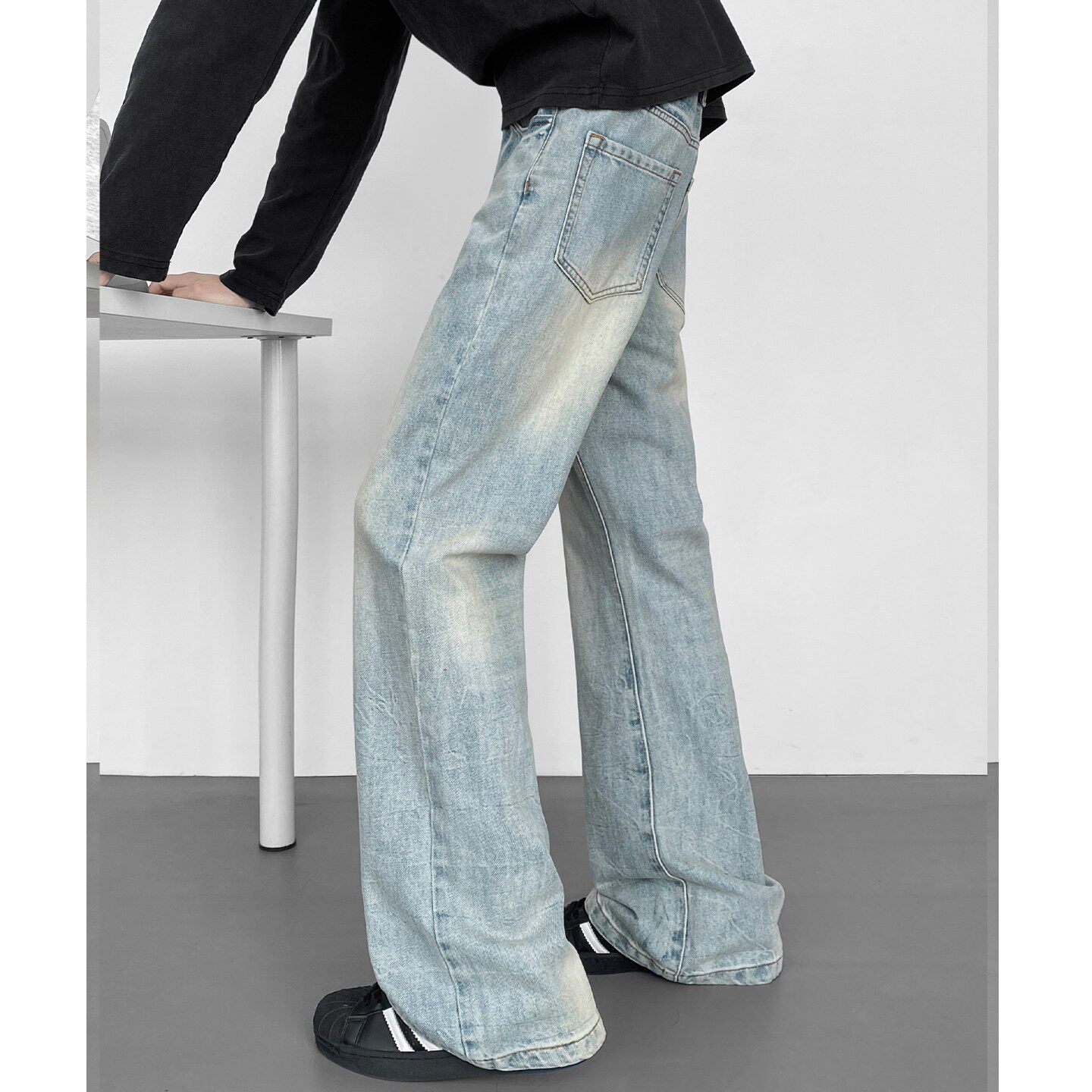 微喇牛仔裤男春季cleanfit高街复古弯刀裤子男生宽松直筒休闲长裤