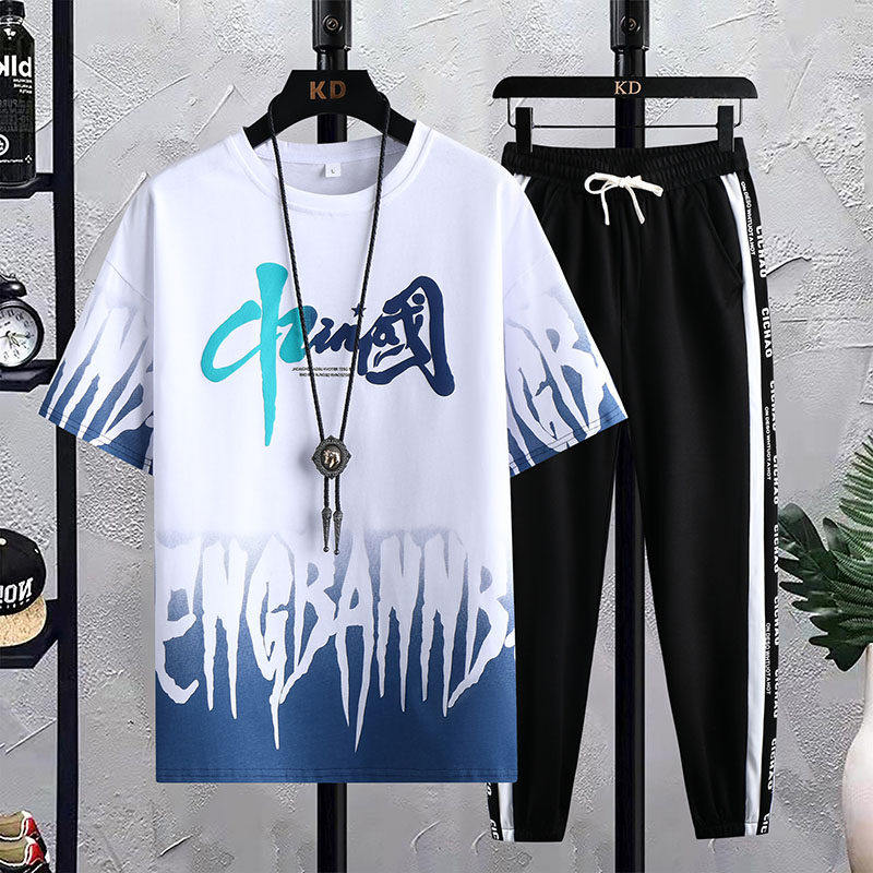 夏季青少年短袖t恤男2025新款大童潮流帅气高中初中学生运动套装