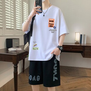 夏季纯棉青少年短袖t恤男2025新款大童潮流帅气初中学生运动套装