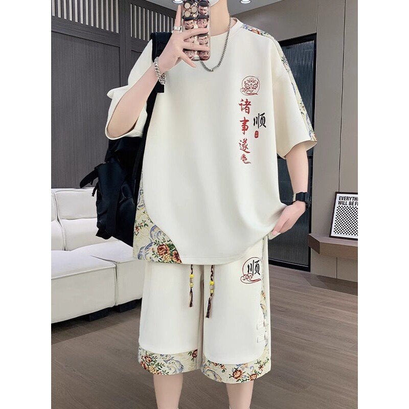 国潮短袖T恤男夏季新中式国风休闲运动套装男青少年一套帅气搭配T