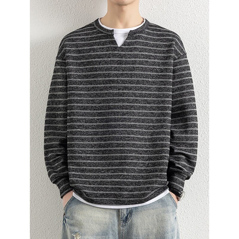 假两件圆领条纹针织衫男长袖宽松休闲百搭卫衣老钱风打底衫上衣潮