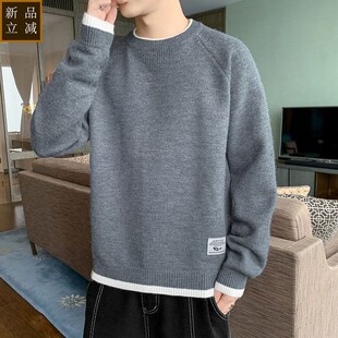 品质圆领毛衣男冬季加绒加厚秋冬潮牌内搭毛线衣男款假两件针