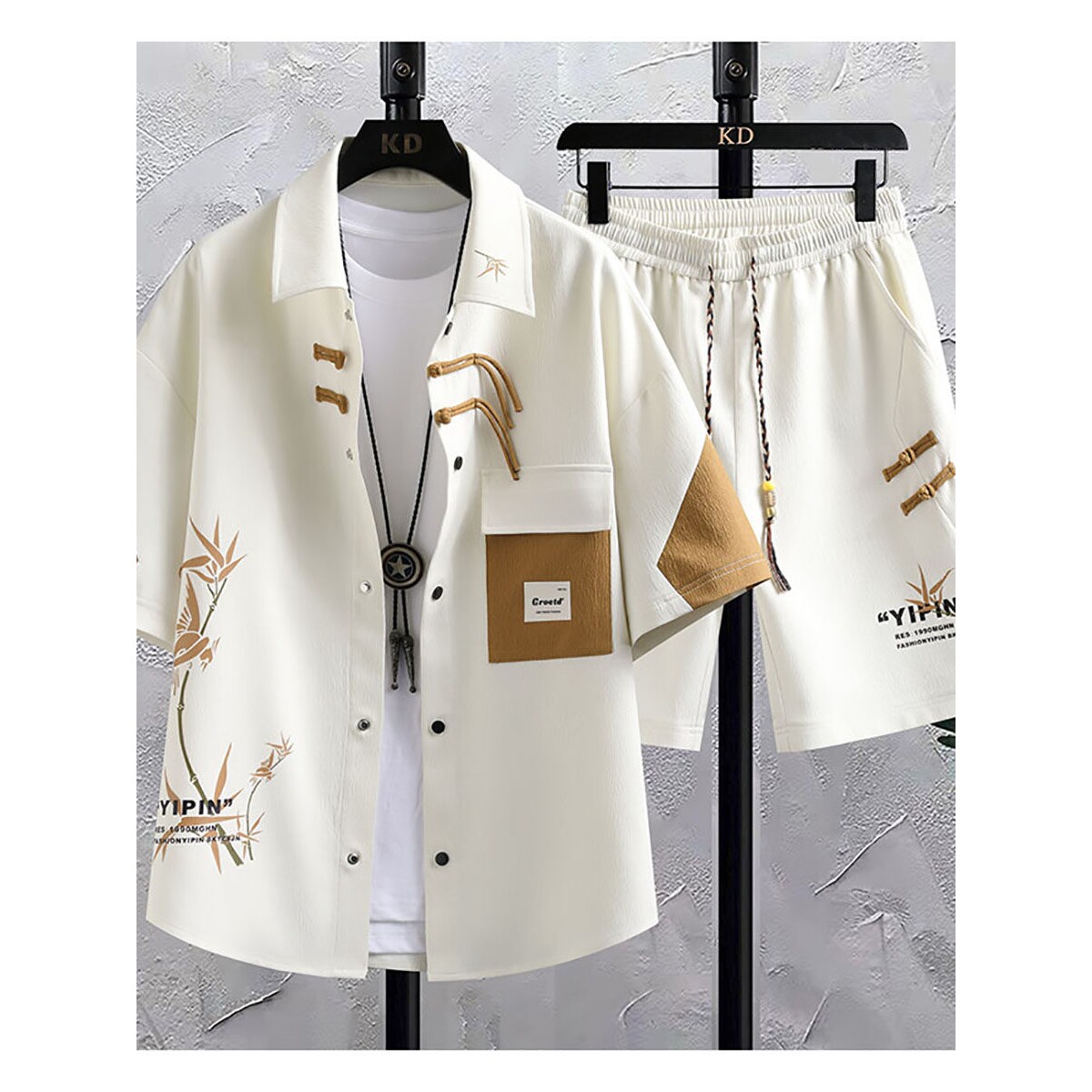 夏季冰丝套装男宽松中国风痞帅休闲运动薄款短袖衬衫短裤搭配一套