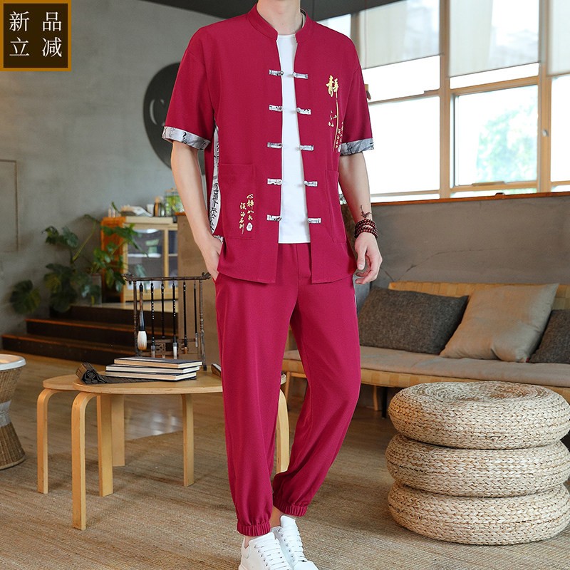 中国风套装男士夏季薄款冰丝短袖九分裤搭配一套汉服休闲中式唐装