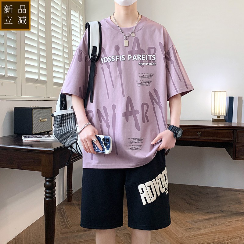 青少年短袖t恤12-15岁胖男孩初中学生纯棉体恤套装大童夏装两件套