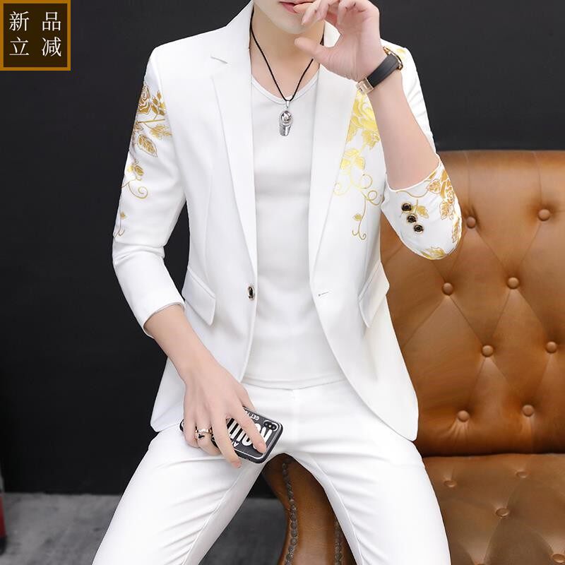 品质春秋款男士休闲小西装套装韩版修身烫金西服一套个性白色帅气