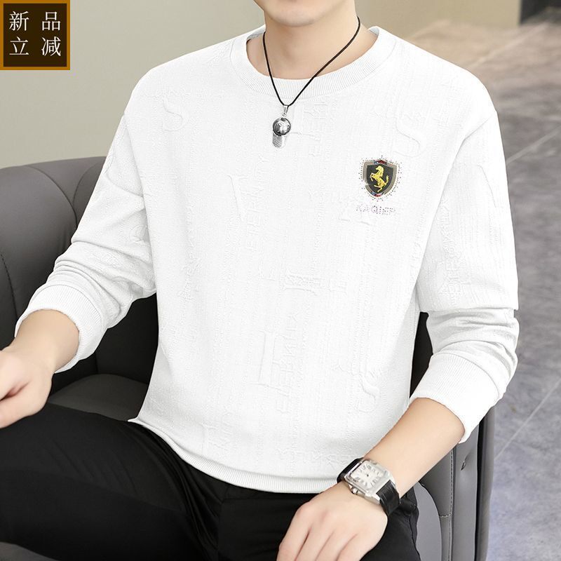 品质男士冬季圆领加绒加厚卫衣春款薄款提花长袖男T恤打底衫时尚