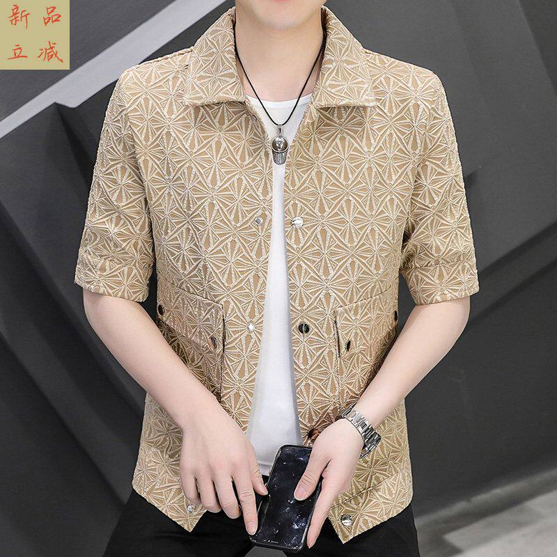 中袖小西服男夏季新款修身翻领时尚碎花夹克青年帅气发型师薄外套