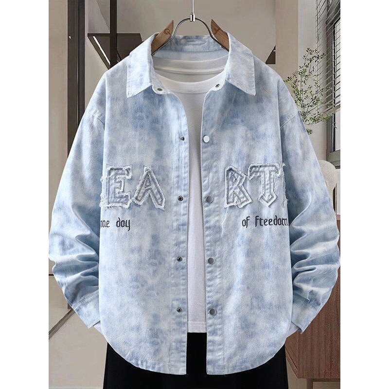 蓝色扎染长袖衬衫男2026新款潮流休闲刺绣衬衣外套青少年春秋夹克