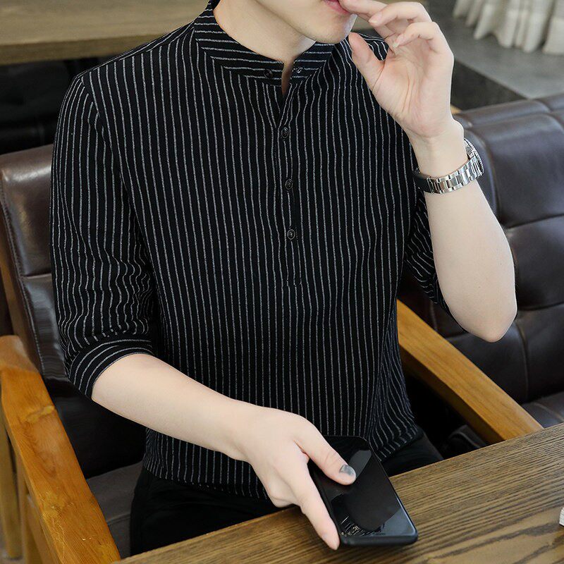 纯棉条纹小立领衬衫男夏季中国风棉麻七分袖t恤潮流复古中袖衬衣