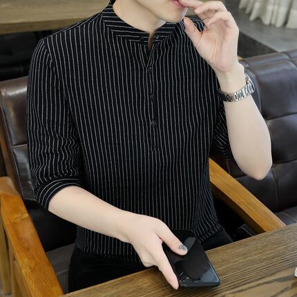 纯棉条纹小立领衬衫男夏季中国风棉麻七分袖t恤潮流复古中袖衬衣