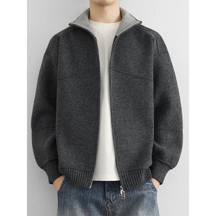 双拉链针织开衫男款春秋季新款撞色翻领外套男青年高级感复古毛衣