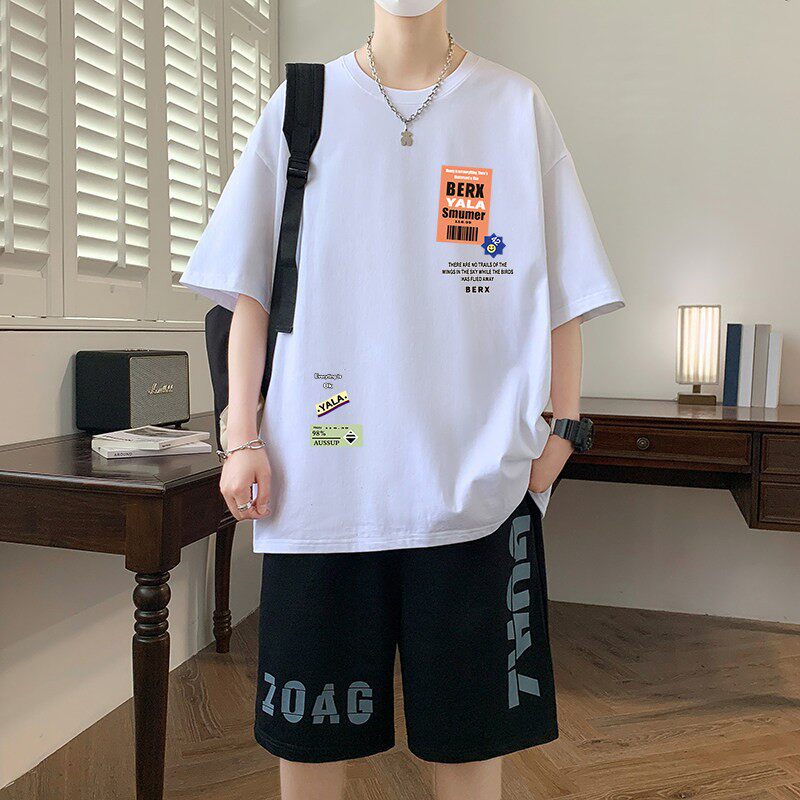 男孩初中学生13短袖t恤胖大童纯棉衣服青少年夏季运动套装12-15岁