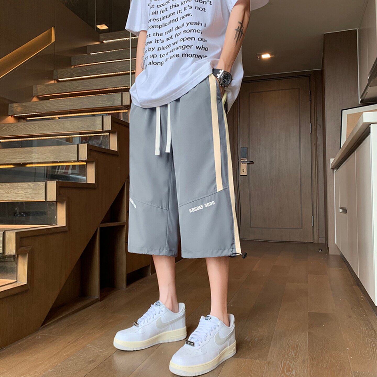 夏季薄款七分短裤男初中高中学生青少年大童冰丝直筒运动休闲裤子