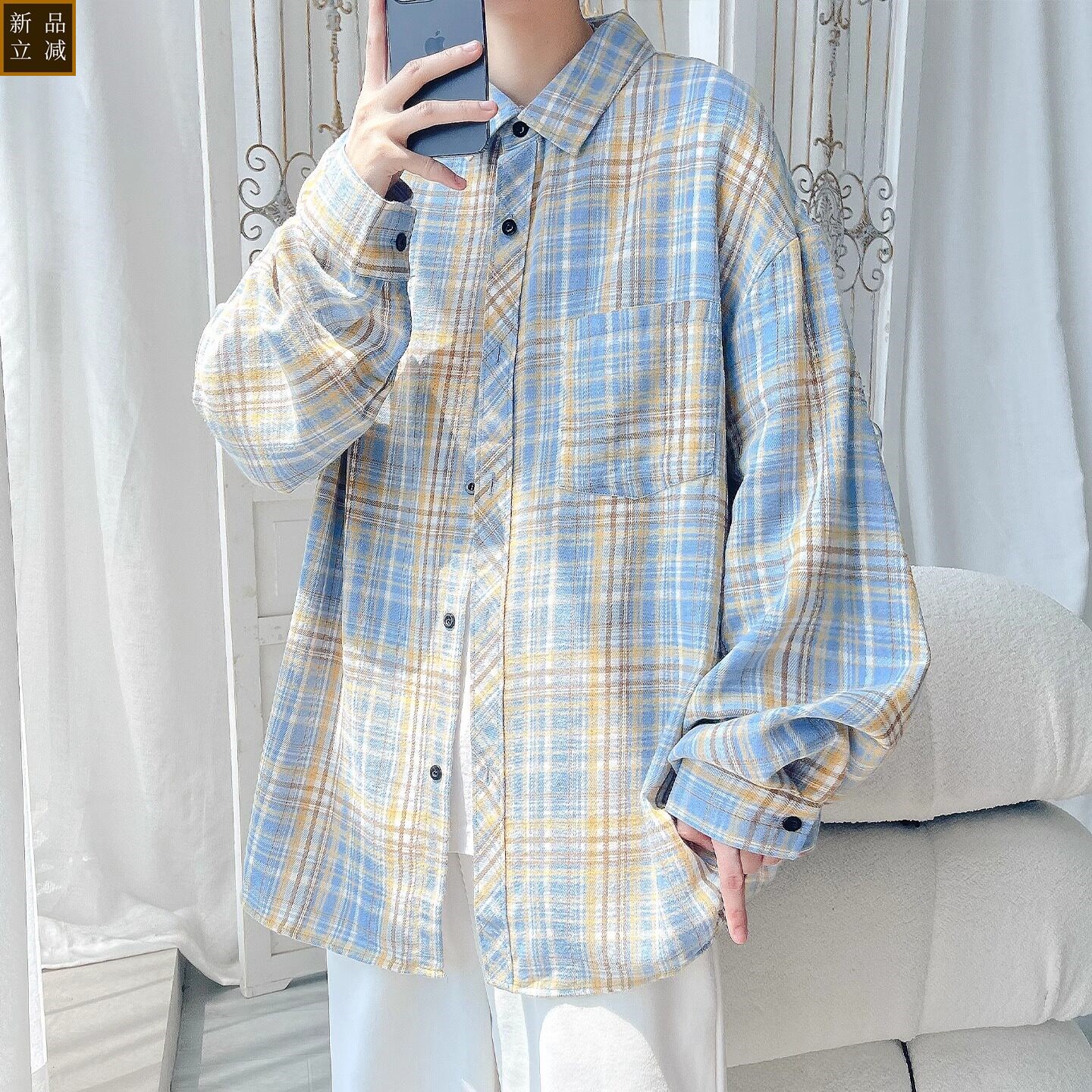 夏季长袖格子衬衫男孩高初中学生青少年大童薄款透气衬衣防晒外套