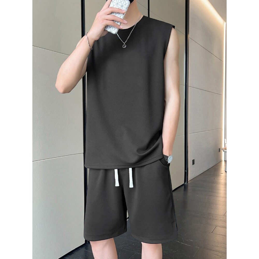 无袖t恤男套装夏季冰丝薄款运动篮球服宽松背心搭配短裤穿搭一套