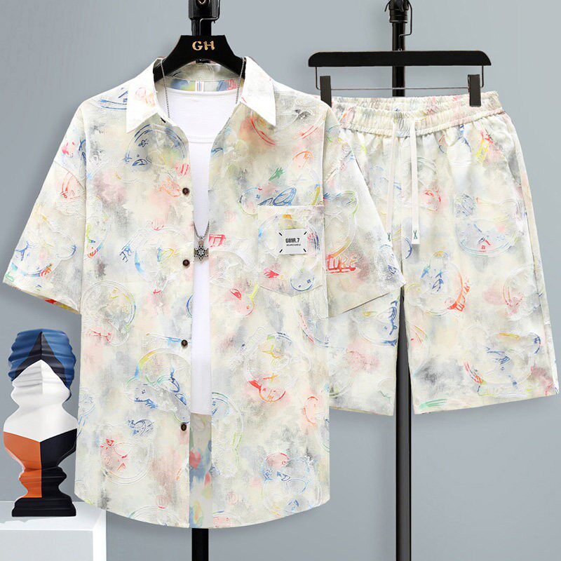 纯棉短袖夏威夷沙滩海边花衬衫套装男夏季2026新款潮牌穿搭一整套