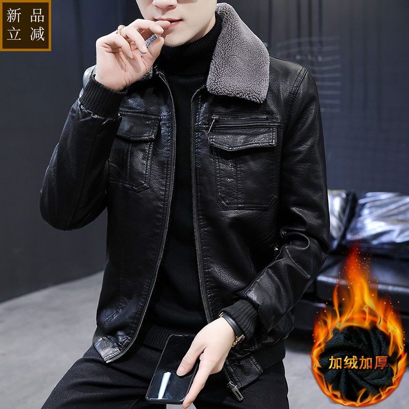 品质男士加厚加绒皮衣2022新款冬季保暖毛领皮外套时尚修身帅气皮