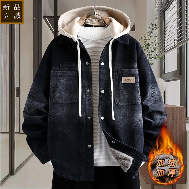 品质牛仔棉衣男款冬季加绒加厚保暖棉服外套男士宽松休闲连帽棉袄