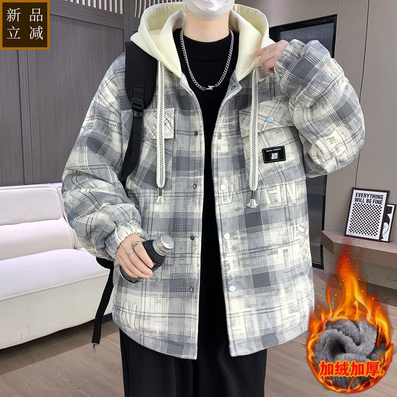 假两件格子棉衣男冬季青少年加绒加厚毛呢子外套初中高中学生夹克
