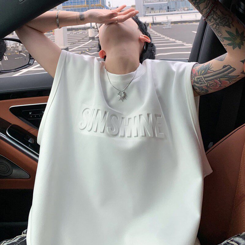 冰丝背心男款夏季字母钢印宽松无袖t恤男士潮牌运动健身坎肩汗衫