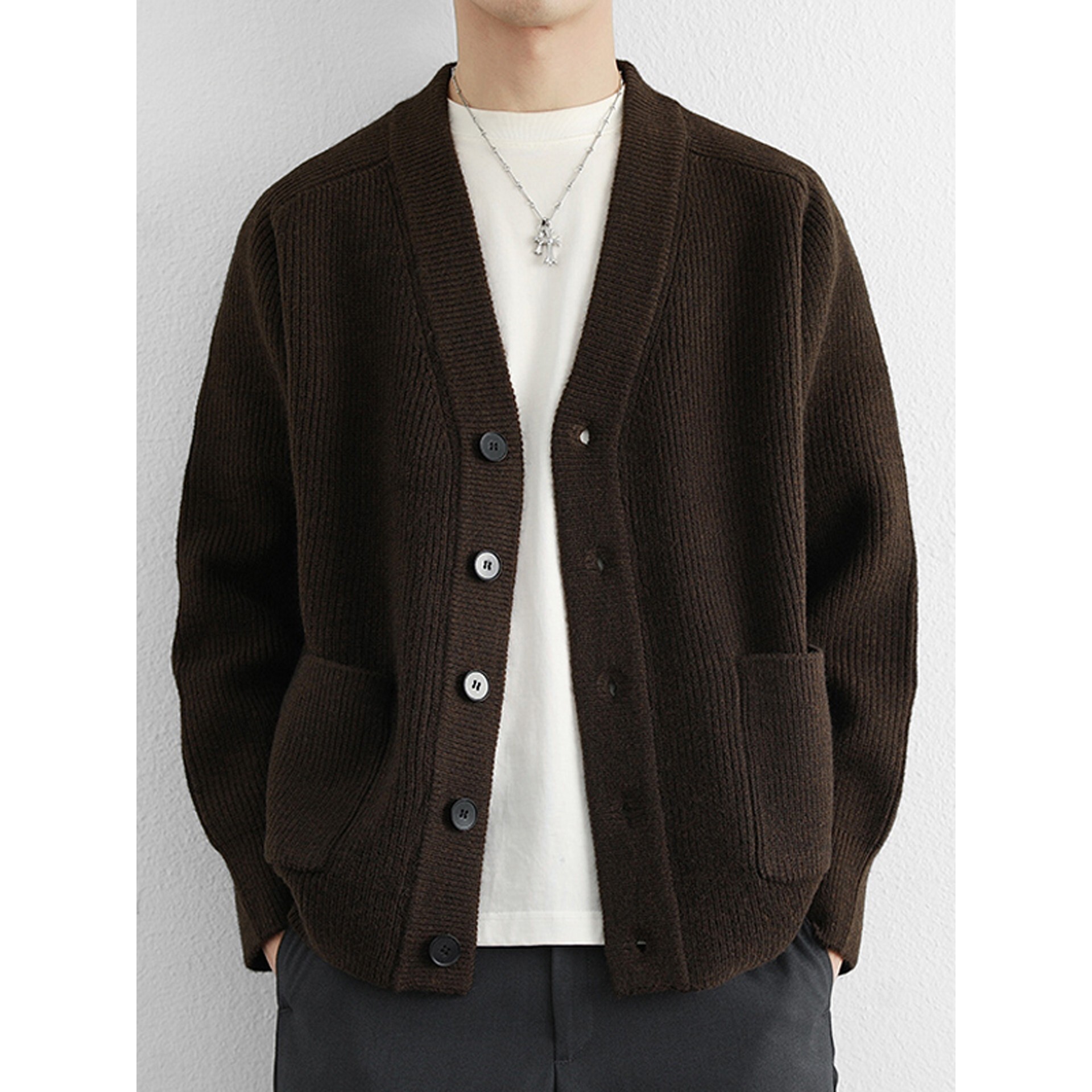 针织开衫外套男春秋季高级感纯色简约慵懒风宽松休闲v领毛衣夹克