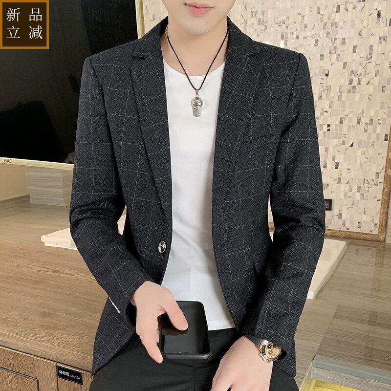 品质男士西服春秋款格子西装休闲西装男修身高档男西装青年时尚上