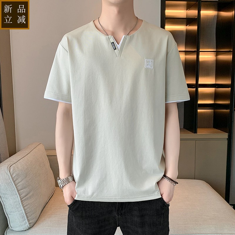 v领短袖t恤男士夏季潮流薄款冰丝半袖潮牌男款体恤衫休闲棉上衣服