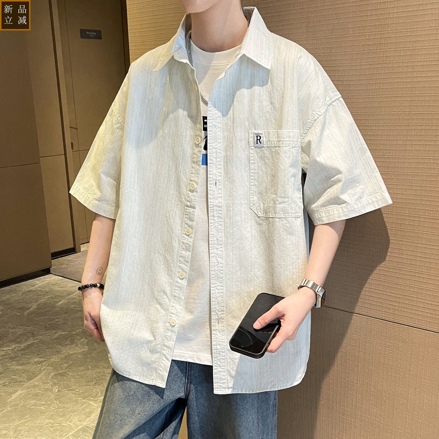 青少年纯棉翻领短袖衬衫男孩夏季初高中学生宽松透气休闲百搭衬衣