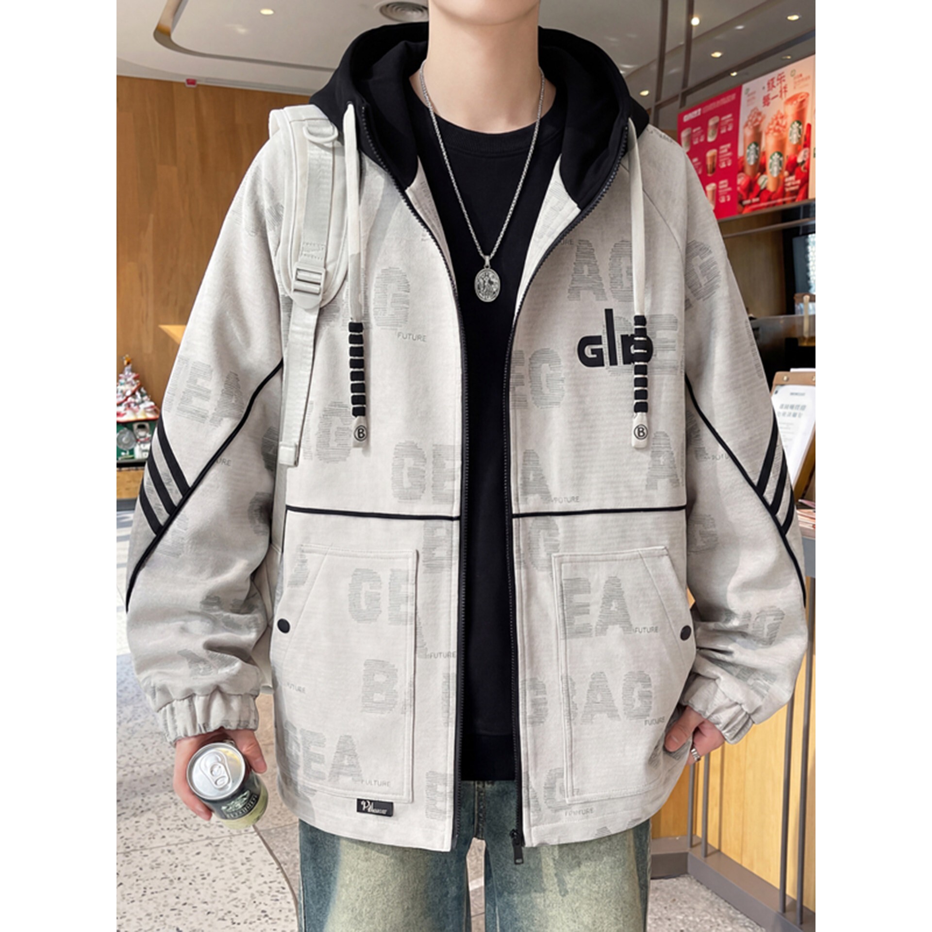 2026春季穿搭新款青少年潮牌连帽外套设计感条纹潮流百搭男生夹克