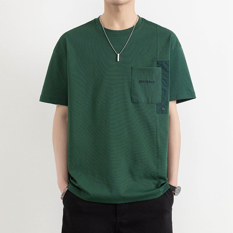 2026夏季新款男士短袖t恤冰丝棉绿色简约口袋圆领半袖体恤上衣服