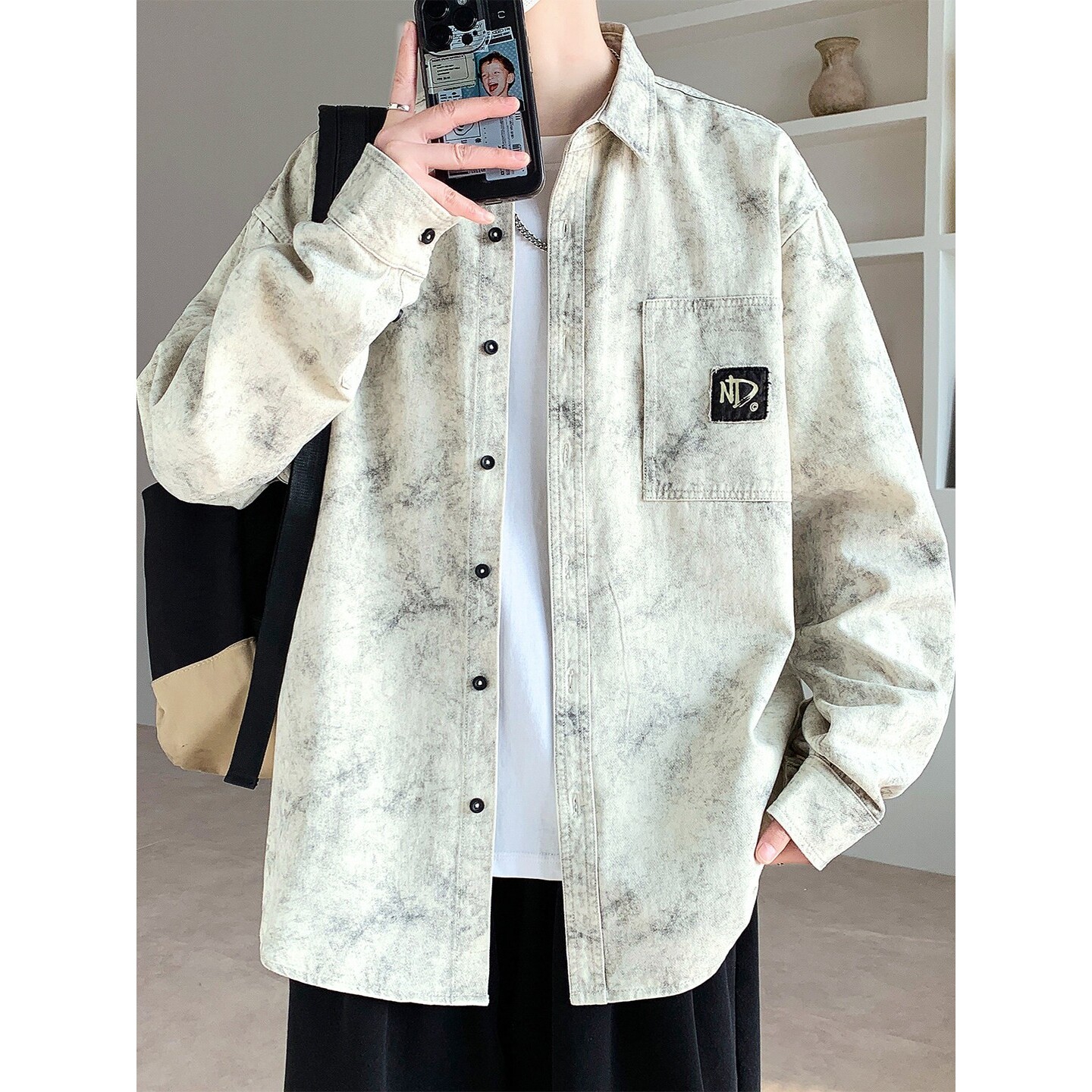 纯棉长袖衬衫男款春秋季夹克痞帅扎染工装上衣服宽松休闲衬衣外套