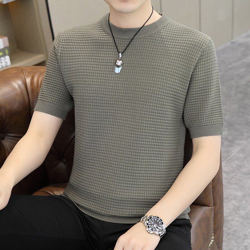 高端毛衣短袖男秋冬季圆领打底衫毛线衣潮胖子大码半袖针织衫外套