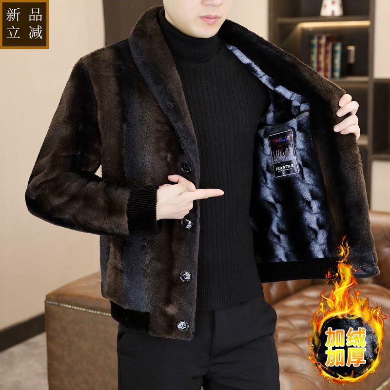 品质轻奢冬季加厚西装领短款金貂绒大衣加绒毛呢子外套男士仿皮草