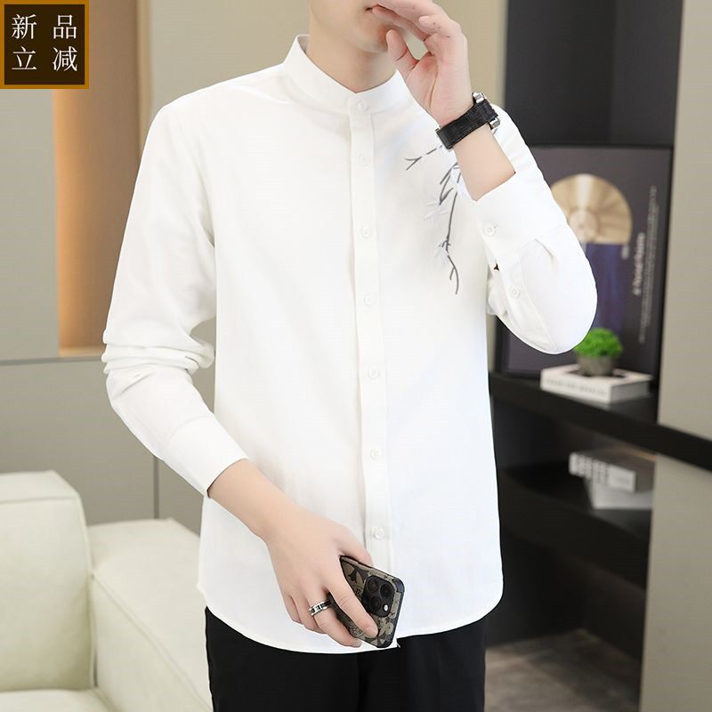 品质2025中国风新中式长袖刺绣立领衬衫春秋季100%棉男士潮流休闲
