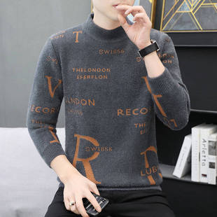 仿水貂绒毛衣男加绒加厚冬新款内搭男士半高领打底针织衫中领线衣