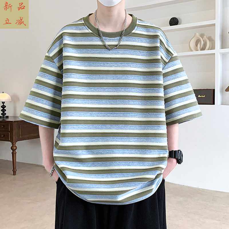 夏季新款青少年休闲宽松大码半袖上衣服t重磅条纹圆领短袖T恤男士