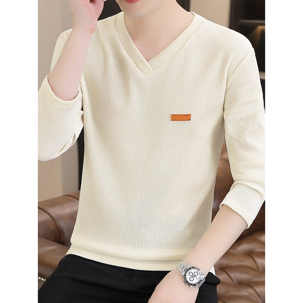 V领男士长袖t恤秋冬季新款潮牌修身加绒卫衣打底衫休闲秋装上衣服